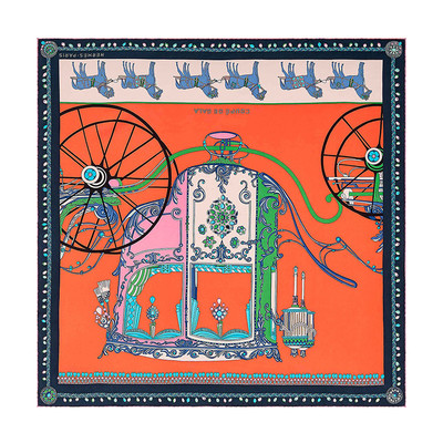 HERMES/愛馬仕 &ldquo;華麗的馬車&rdquo;女士90厘米水洗方巾 橙色/綠色/多色 H072729S 04-BA11